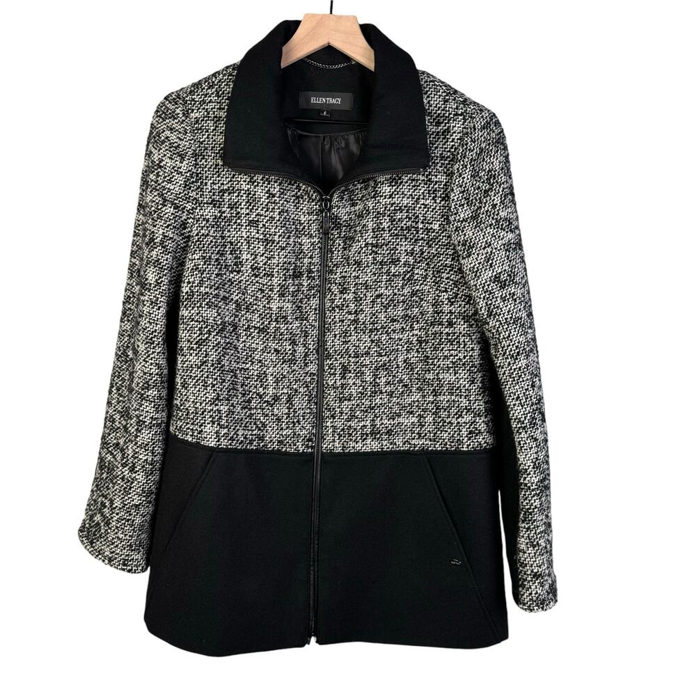 Ellen Tracy Jacket Size 6 Women Black Gray Zipper Front‎ Coat Warm Preppy